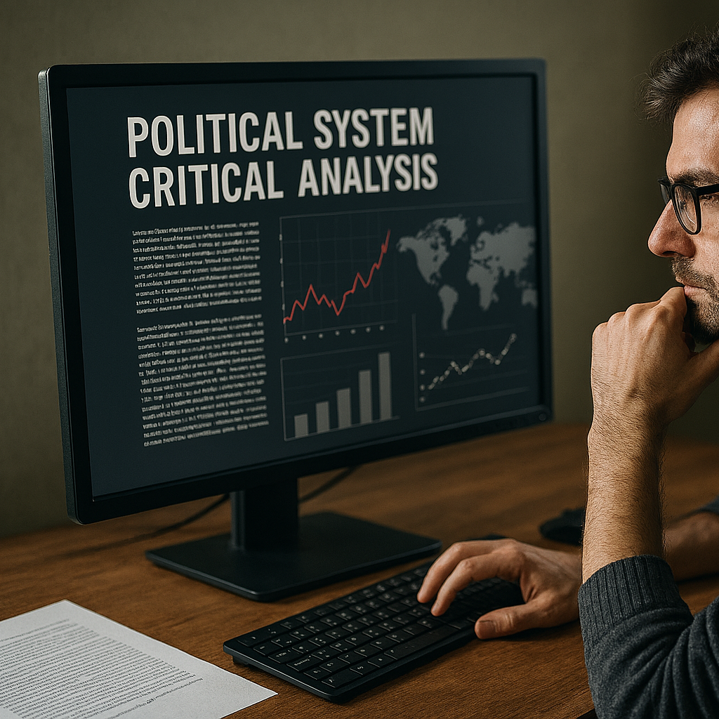 KI-Generiert Mann analysiert Daten zu politischen Systemen auf einem Computerbildschirm.