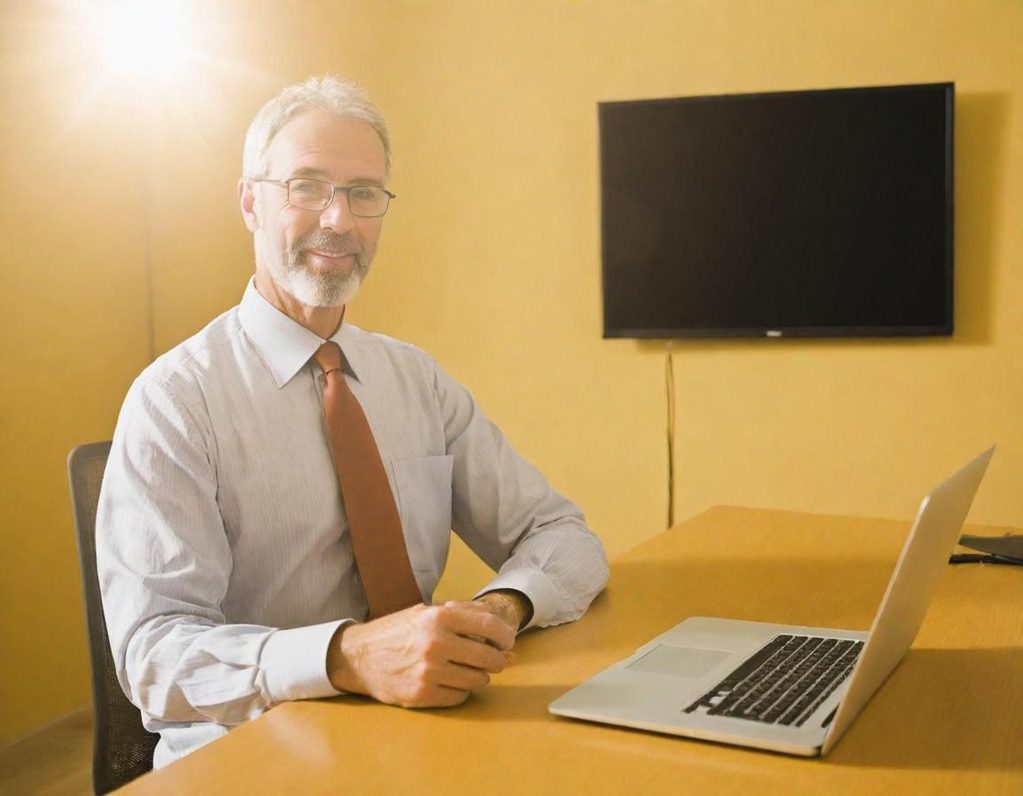 KI-Generiert Ein älterer Mann mit Brille sitzt an einem Tisch vor einem Laptop in einem hellen Raum.