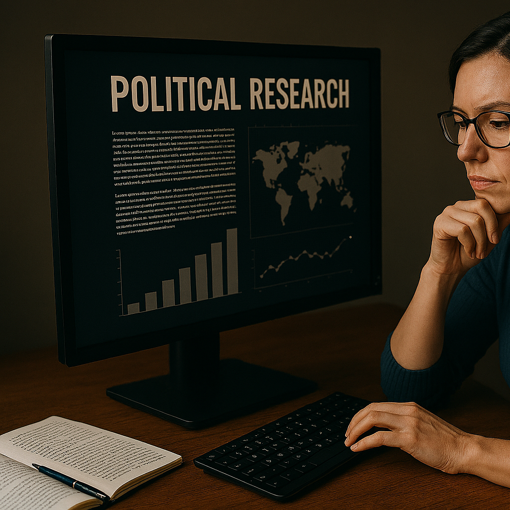 KI-Generiert Eine Person arbeitet an einem Computer mit einem Bildschirm über politische Forschung.