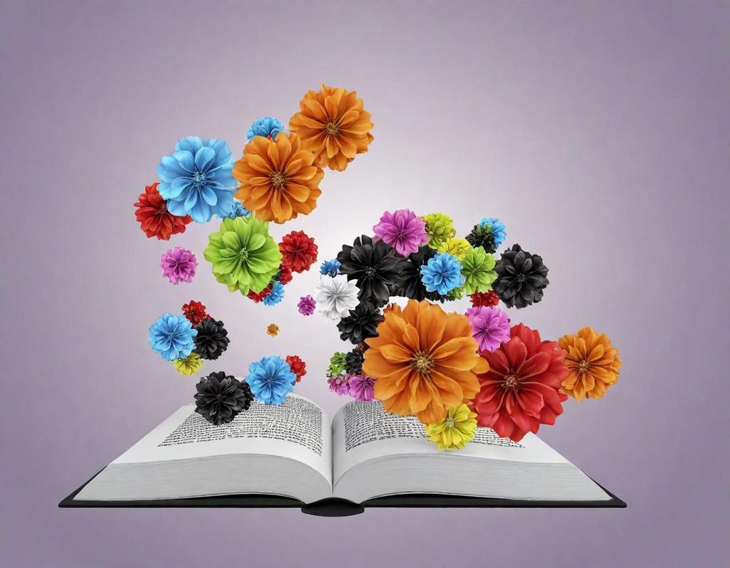 KI-Generiert Ein offenes Buch mit bunten, fliegenden Blumen umgeben.